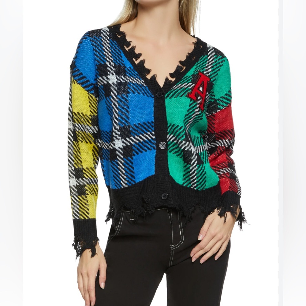 NWT Frayed Knit Plaid Cardigan